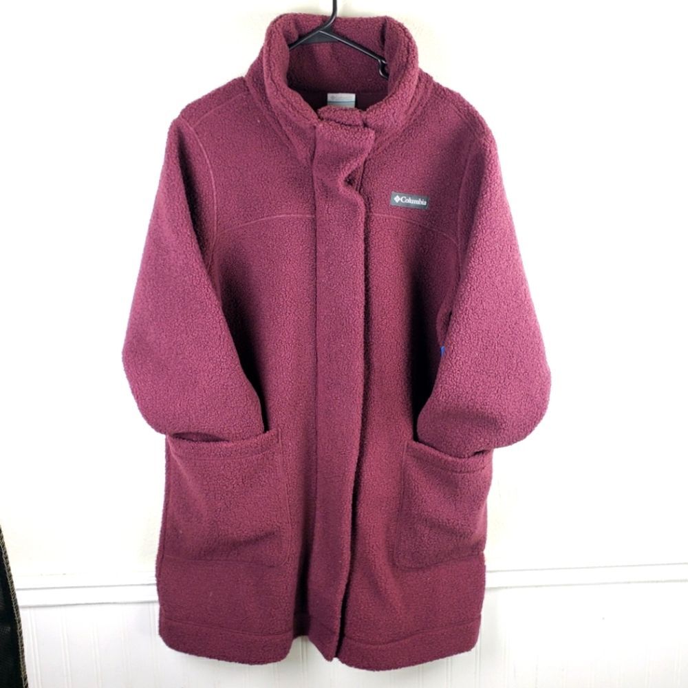 Women's Columbia NWT Purple Maroon Fleece Long Midi Button Up Jacket SZ 2XL